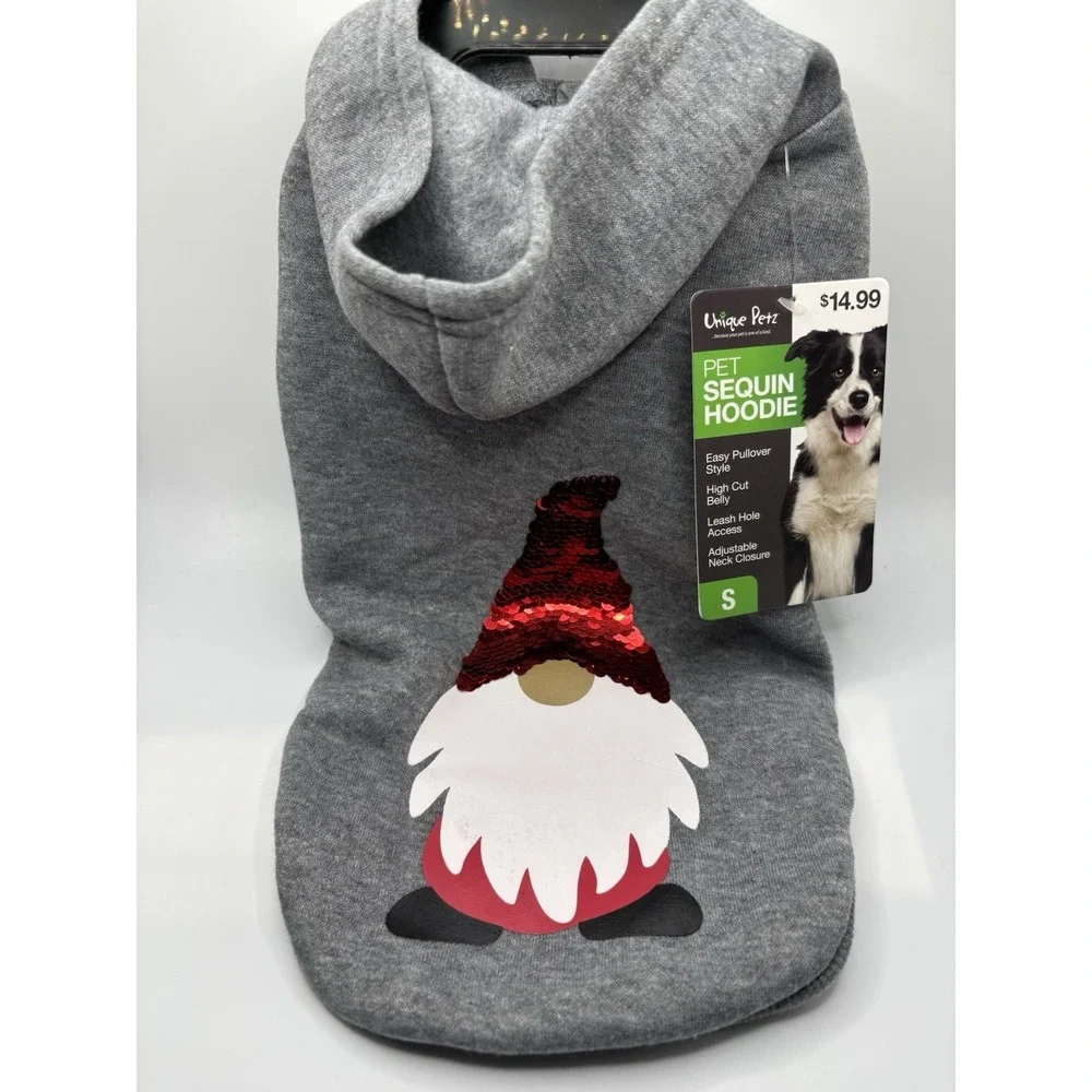 NWT Gray Pet Christmas Gnome Sequin Hoodie w Leash Hole‎ Access - Size Small